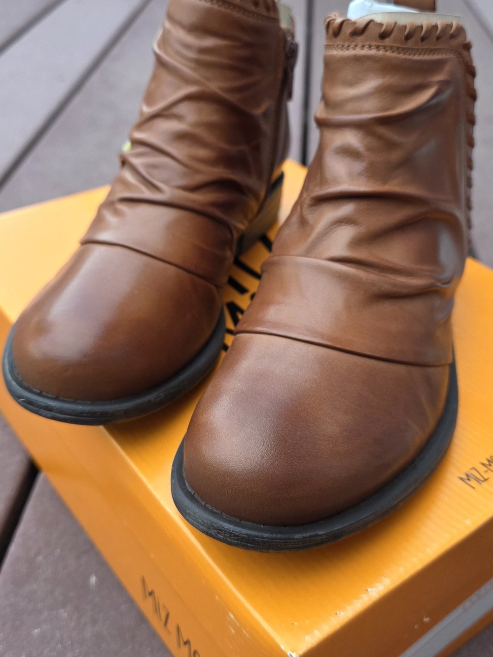 Miz Mooz Brown Leather Ankle Booties with Ruched Shaft